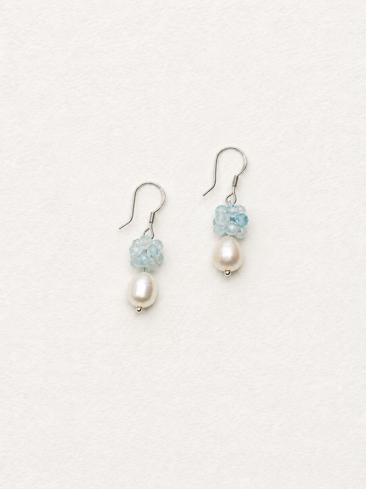 LUMERUNE Bloom Aquamarine Drop Earrings With Pearl — faceted aquamarine above a pearl drop