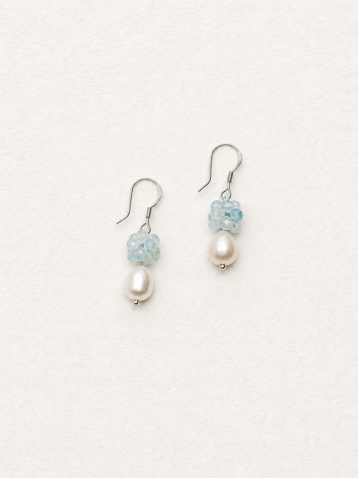 LUMERUNE Bloom Aquamarine Drop Earrings With Pearl — faceted aquamarine above a pearl drop