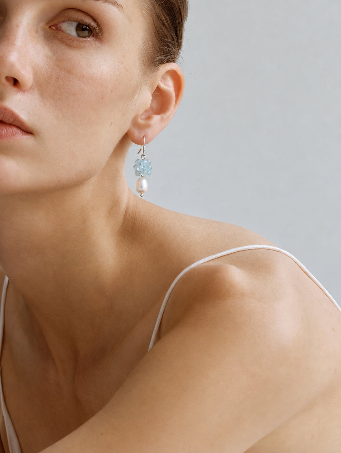 LUMERUNE Bloom Aquamarine Drop Earrings With Pearl — faceted aquamarine above a pearl drop