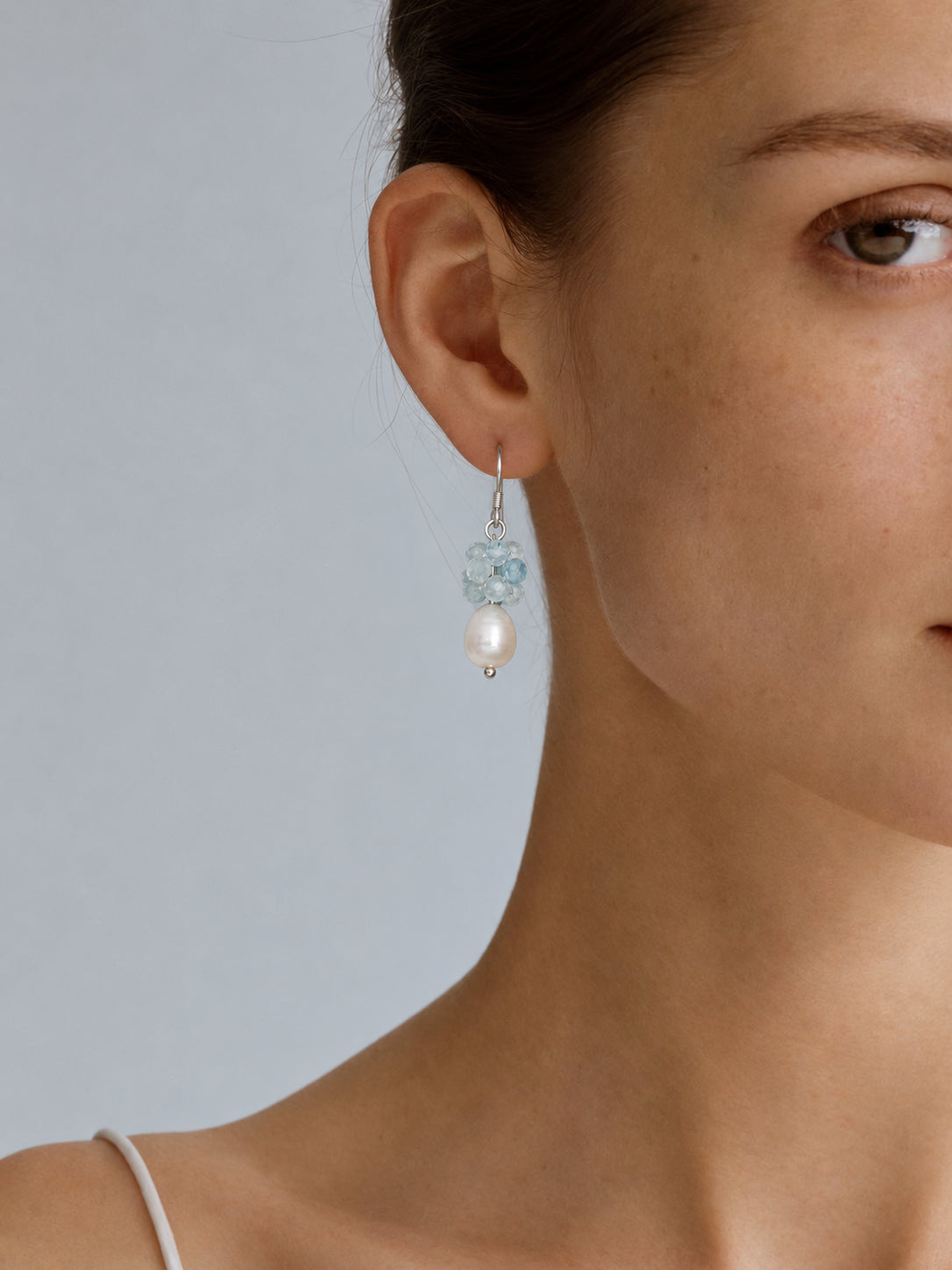 LUMERUNE Bloom Aquamarine Drop Earrings With Pearl — faceted aquamarine above a pearl drop