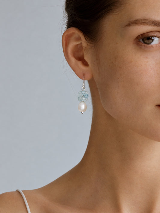 LUMERUNE Bloom Aquamarine Drop Earrings With Pearl — faceted aquamarine above a pearl drop