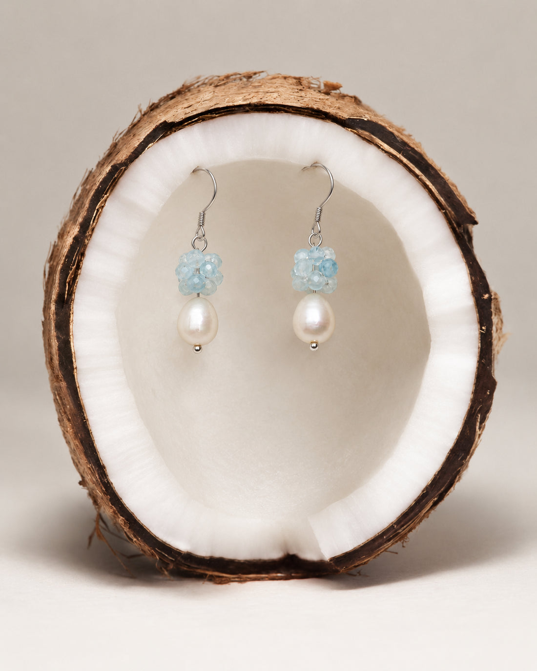 LUMERUNE Bloom Aquamarine Drop Earrings With Pearl — faceted aquamarine above a pearl drop