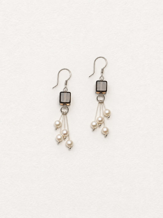LUMERUNE Terra Smoky Quartz Earrings With Pearl — smoky quartz cube with silver drops and rice pearls