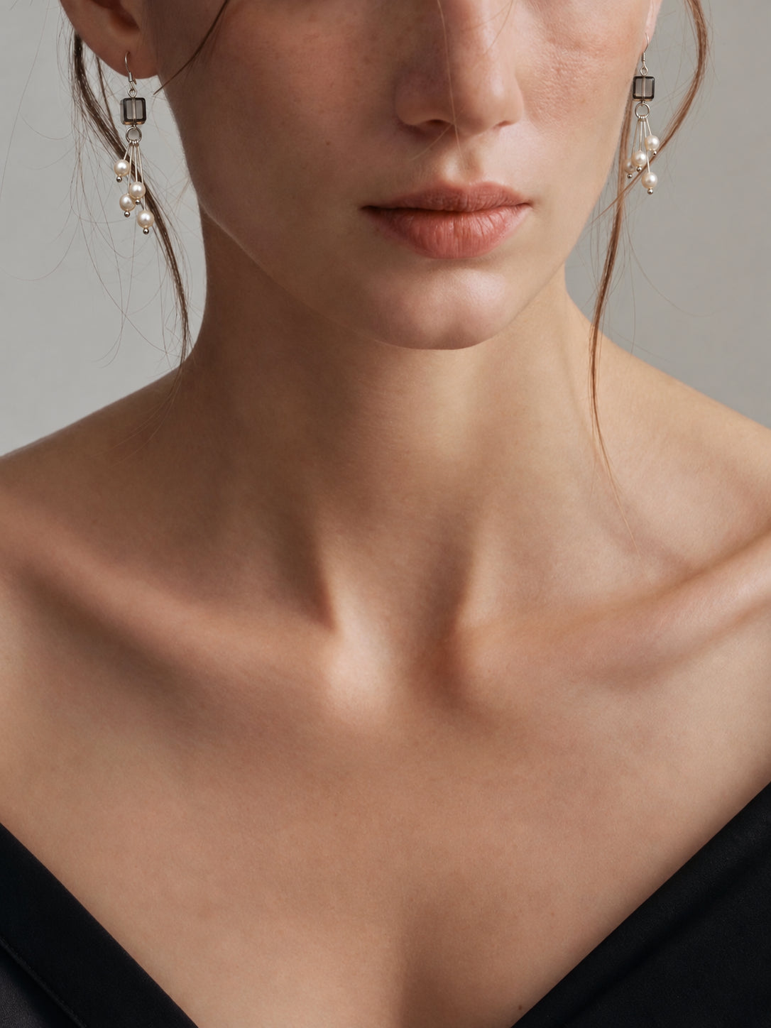 LUMERUNE Terra Smoky Quartz Earrings With Pearl — smoky quartz cube with silver drops and rice pearls
