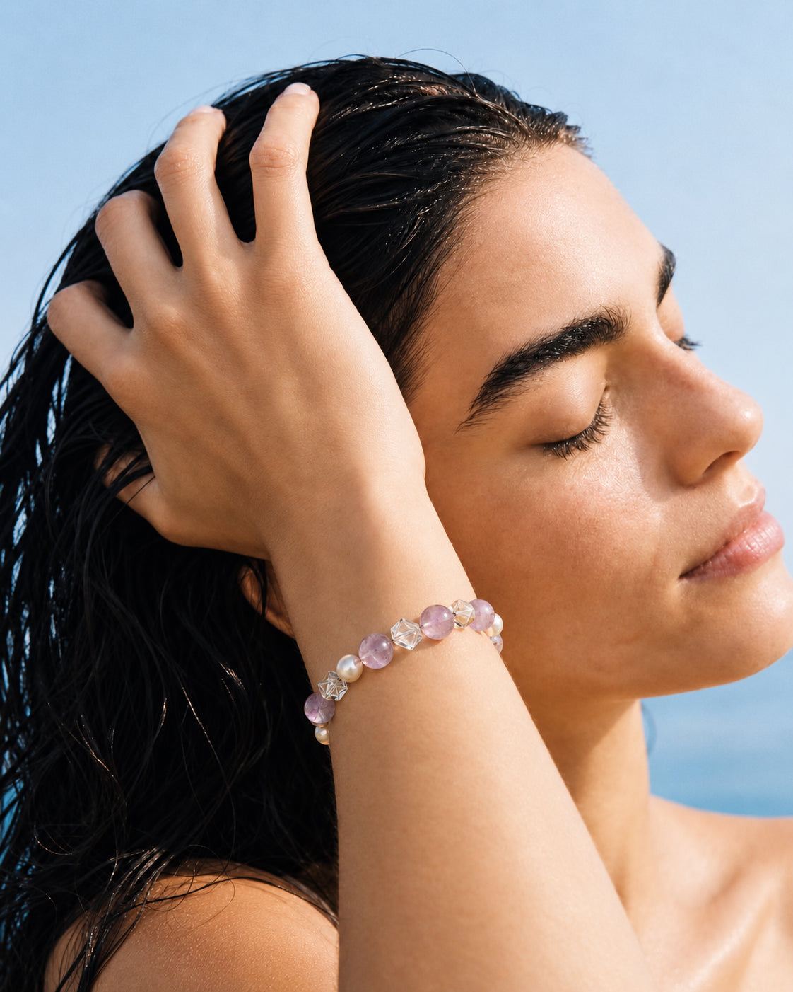 LUMERUNE Violet Mist Amethyst Bracelet With Clear Quartz and Pearl — amethyst, clear quartz and luminous pearls