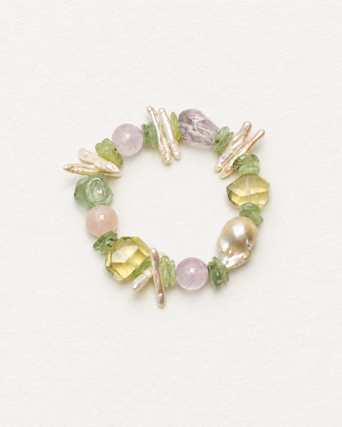 LUMERUNE Garden Mixed Gemstones Bracelet — prehnite, citrine, amethyst and organic pearls
