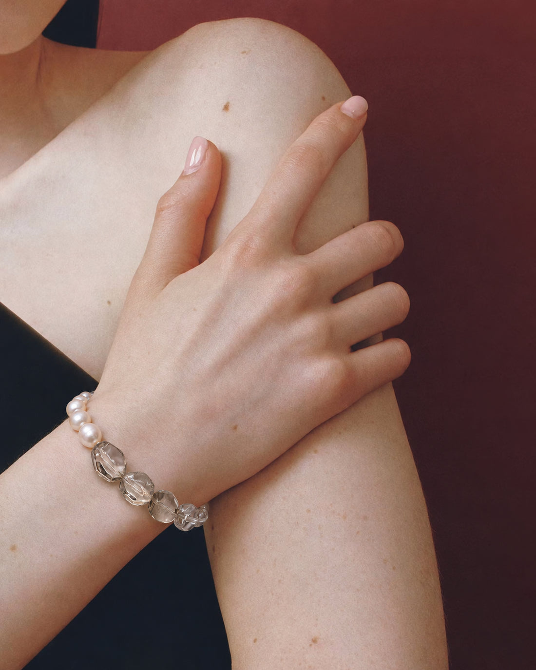 LUMERUNE Terra Green Quartz Bracelet With Clear Quartz and Pearl — green quartz, clear quartz and white pearls