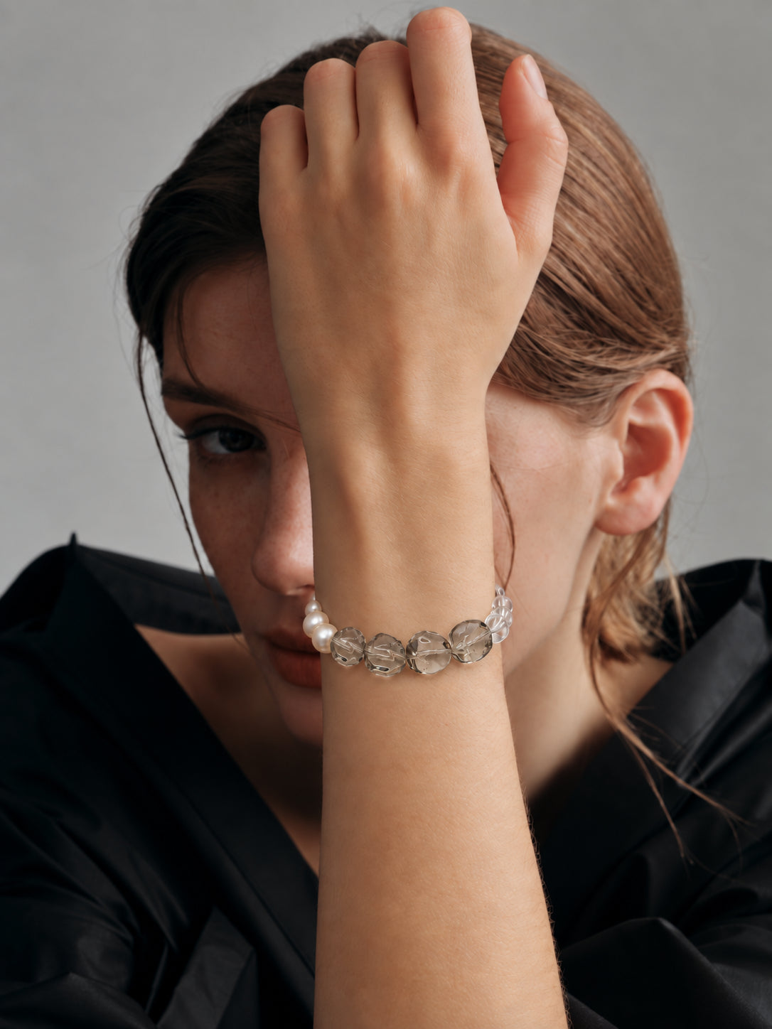 LUMERUNE Terra Green Quartz Bracelet With Clear Quartz and Pearl — green quartz, clear quartz and white pearls