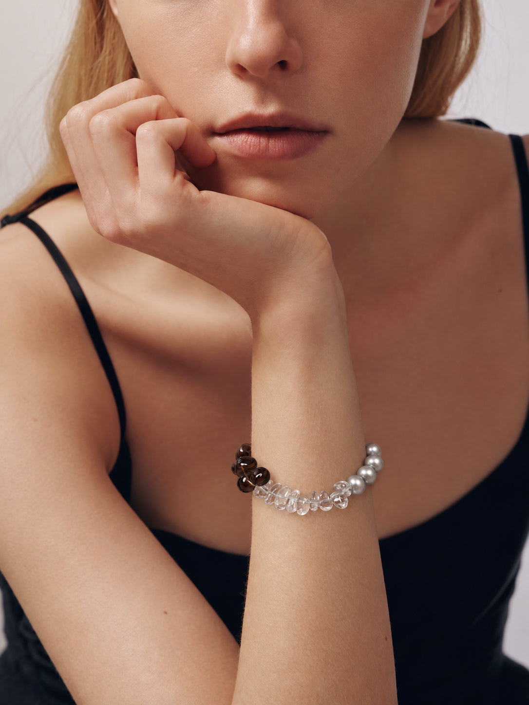 LUMERUNE Terra Smoky Quartz Bracelet With Gray Pearl and Clear Quartz — smoky quartz, clear quartz and gray pearls