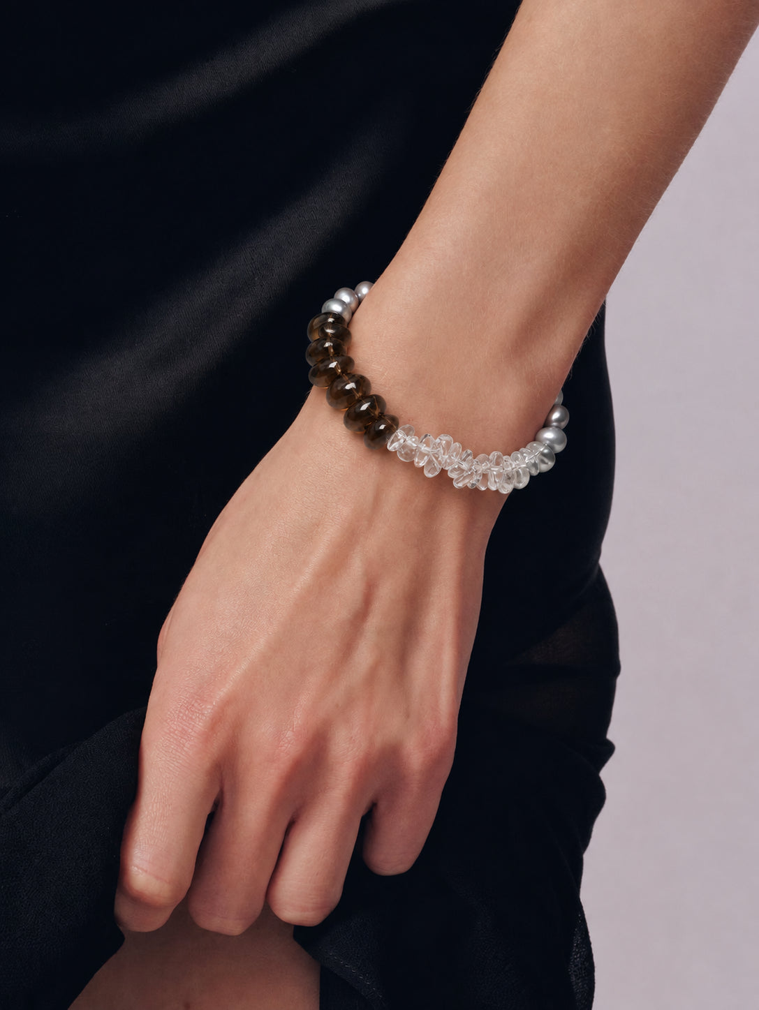 LUMERUNE Terra Smoky Quartz Bracelet With Gray Pearl and Clear Quartz — smoky quartz, clear quartz and gray pearls