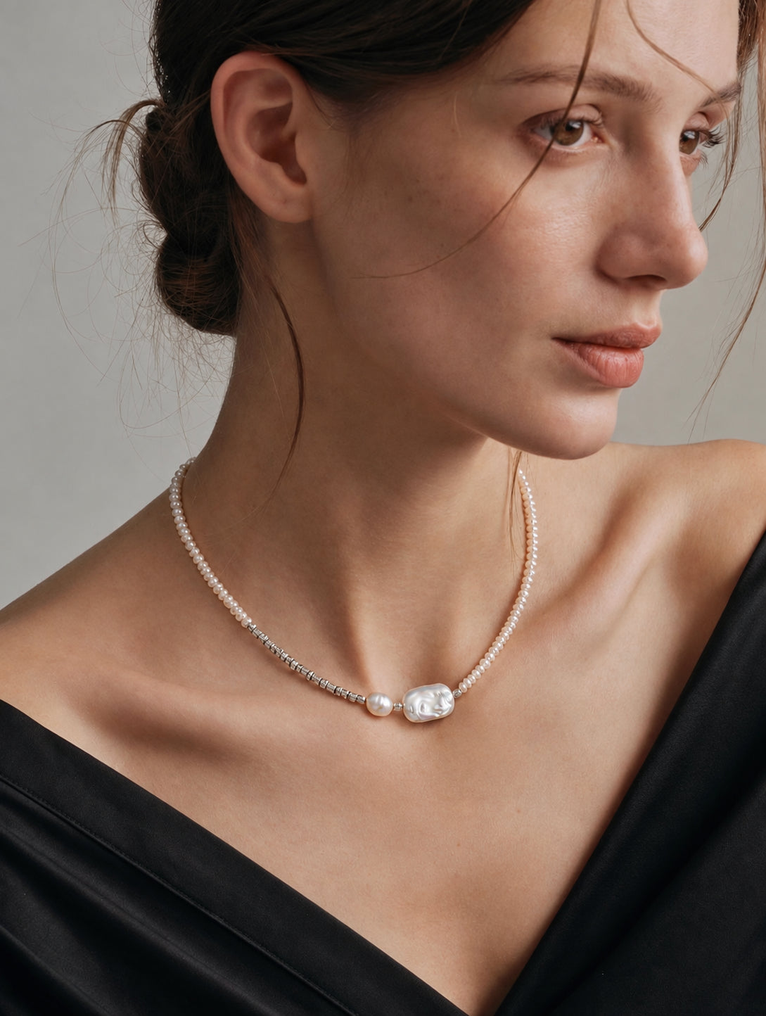 LUMERUNE Muse Pearl Necklace — seed pearls with a baroque pearl centerpiece