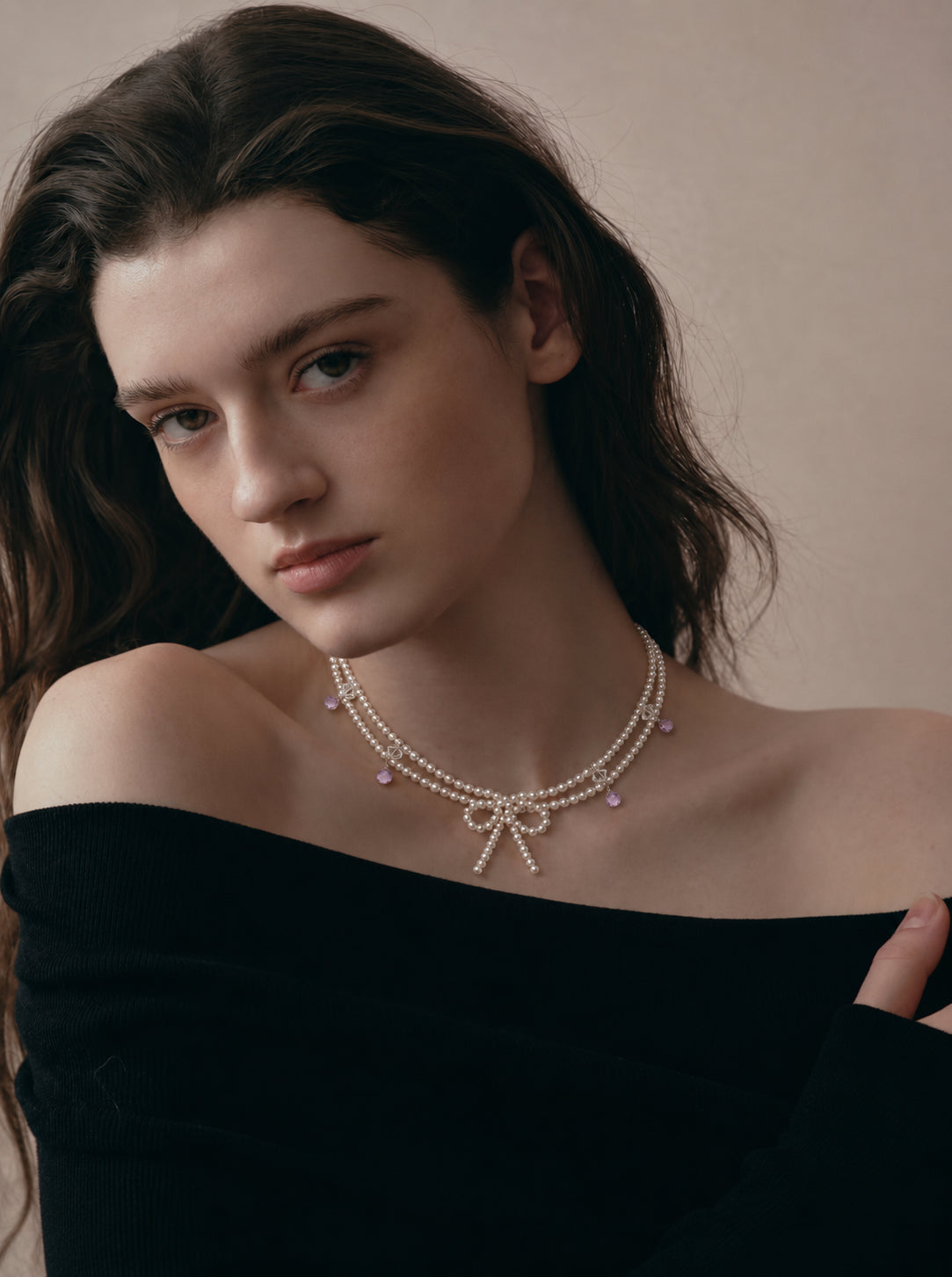 LUMERUNE Muse Pearl Bow Necklace With Amethyst — seed pearls, clear crystal, amethyst drops and a pearl bow