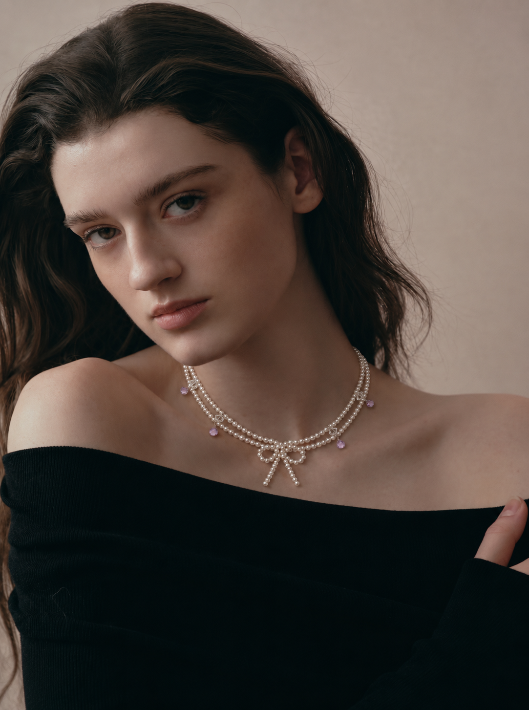 LUMERUNE Muse Pearl Bow Necklace With Amethyst — seed pearls, clear crystal, amethyst drops and a pearl bow