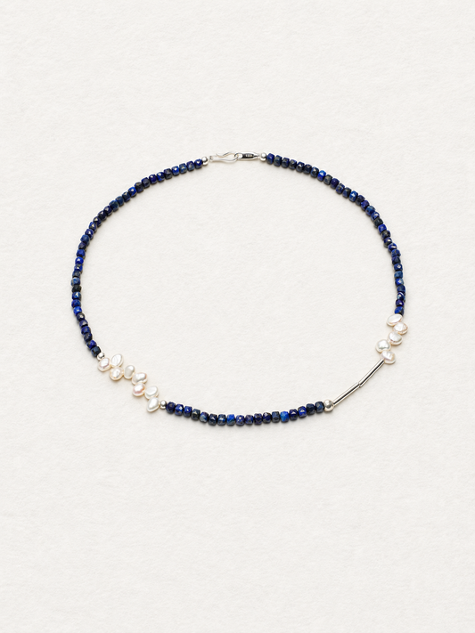 LUMERUNE Bloom Lapis Lazuli Necklace With Petal Pearl — faceted lapis lazuli, petal pearls and sterling silver