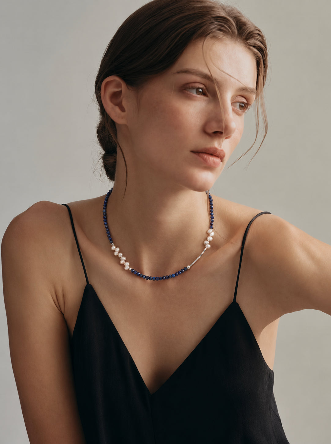LUMERUNE Bloom Lapis Lazuli Necklace With Petal Pearl — faceted lapis lazuli, petal pearls and sterling silver