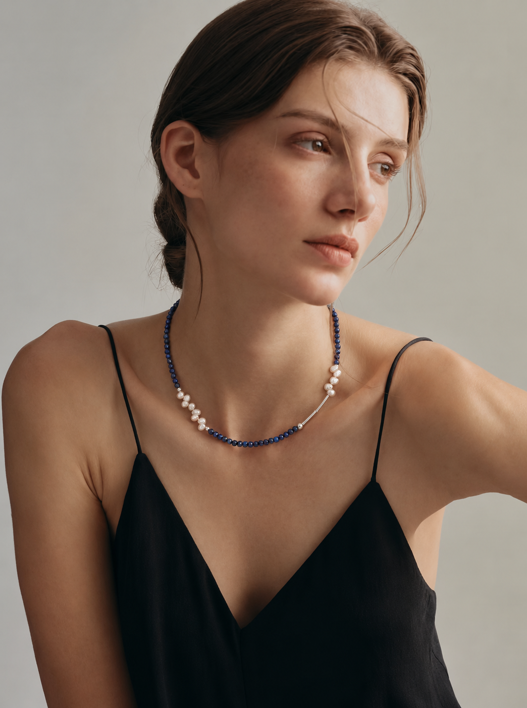 LUMERUNE Bloom Lapis Lazuli Necklace With Petal Pearl — faceted lapis lazuli, petal pearls and sterling silver