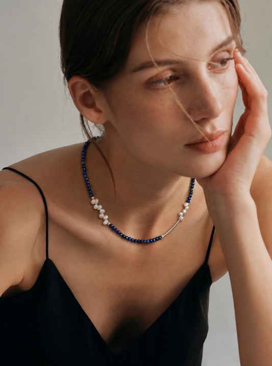 LUMERUNE Bloom Lapis Lazuli Necklace With Petal Pearl — faceted lapis lazuli, petal pearls and sterling silver