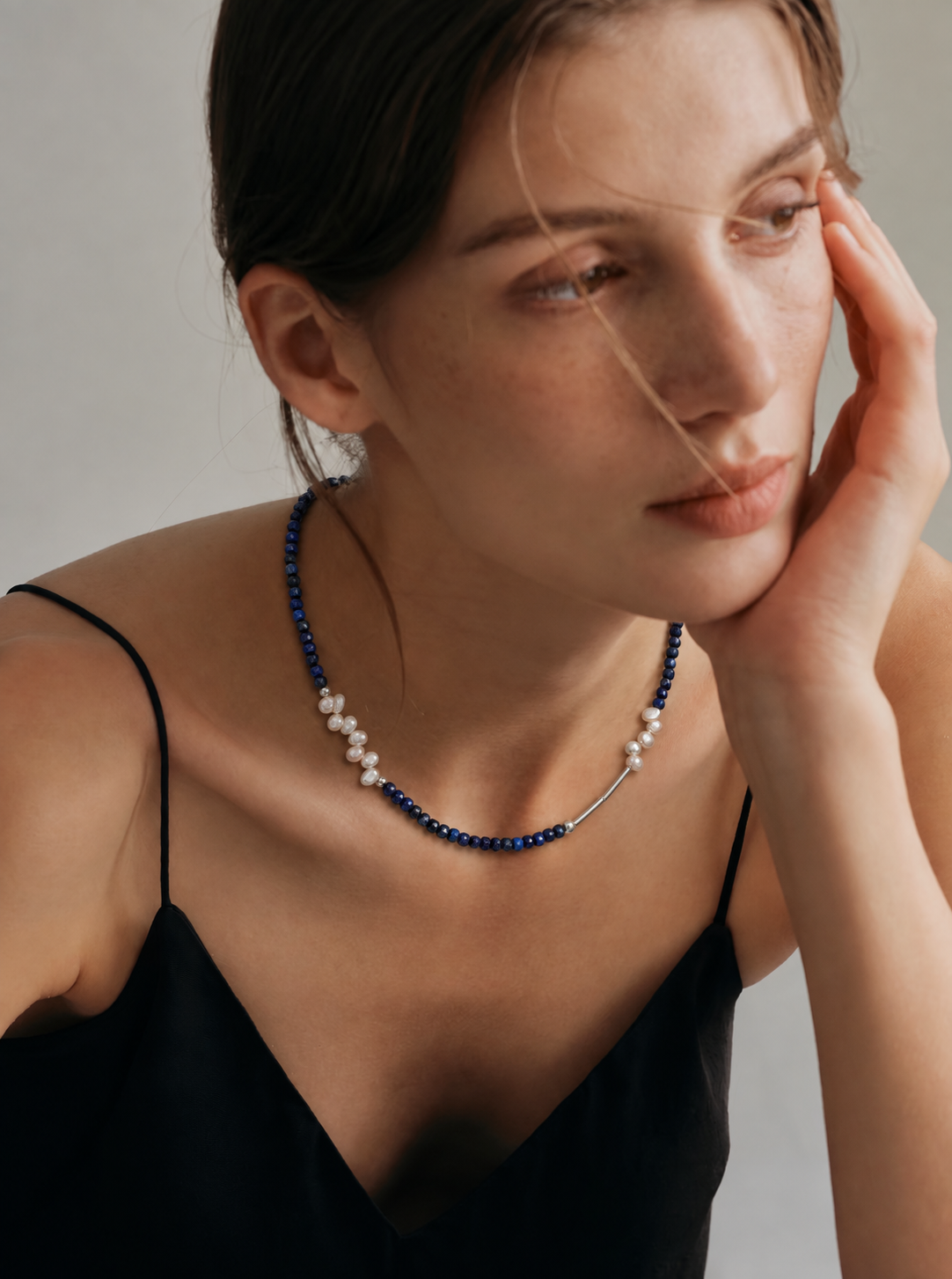 LUMERUNE Bloom Lapis Lazuli Necklace With Petal Pearl — faceted lapis lazuli, petal pearls and sterling silver