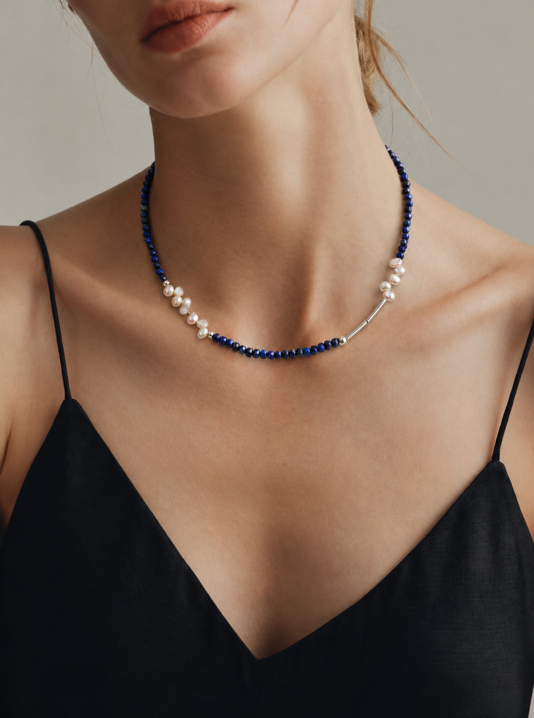 LUMERUNE Bloom Lapis Lazuli Necklace With Petal Pearl — faceted lapis lazuli, petal pearls and sterling silver