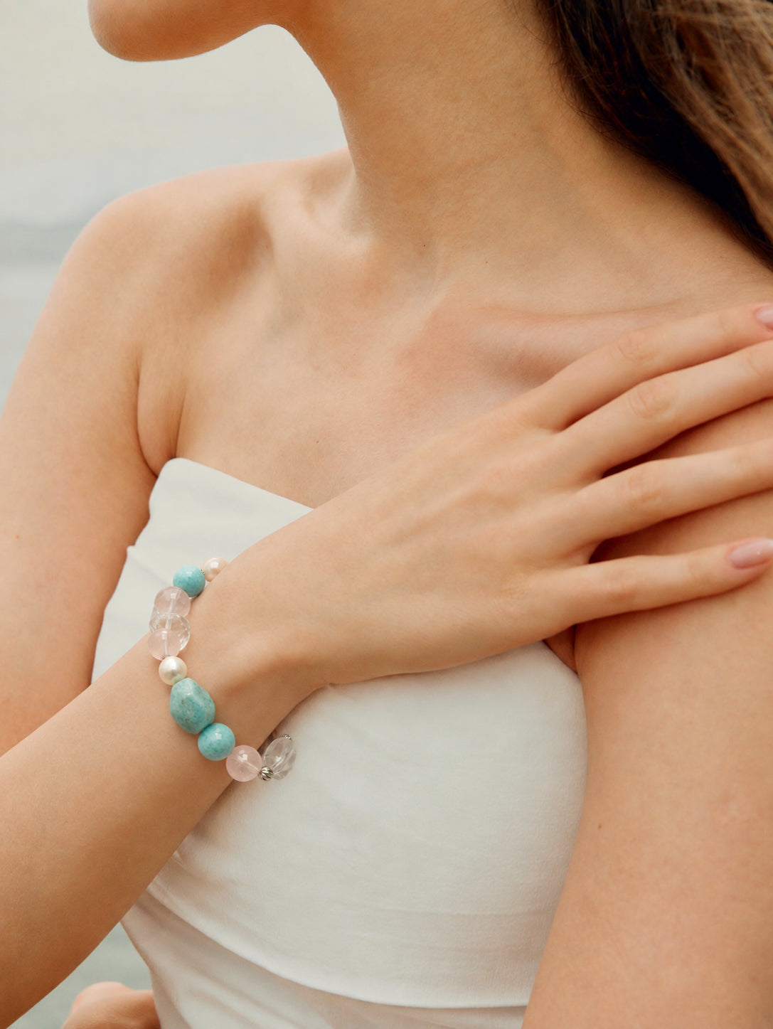 LUMERUNE Bonbon Amazonite Bracelet With Rose Quartz — amazonite, rose quartz, clear quartz and pearl