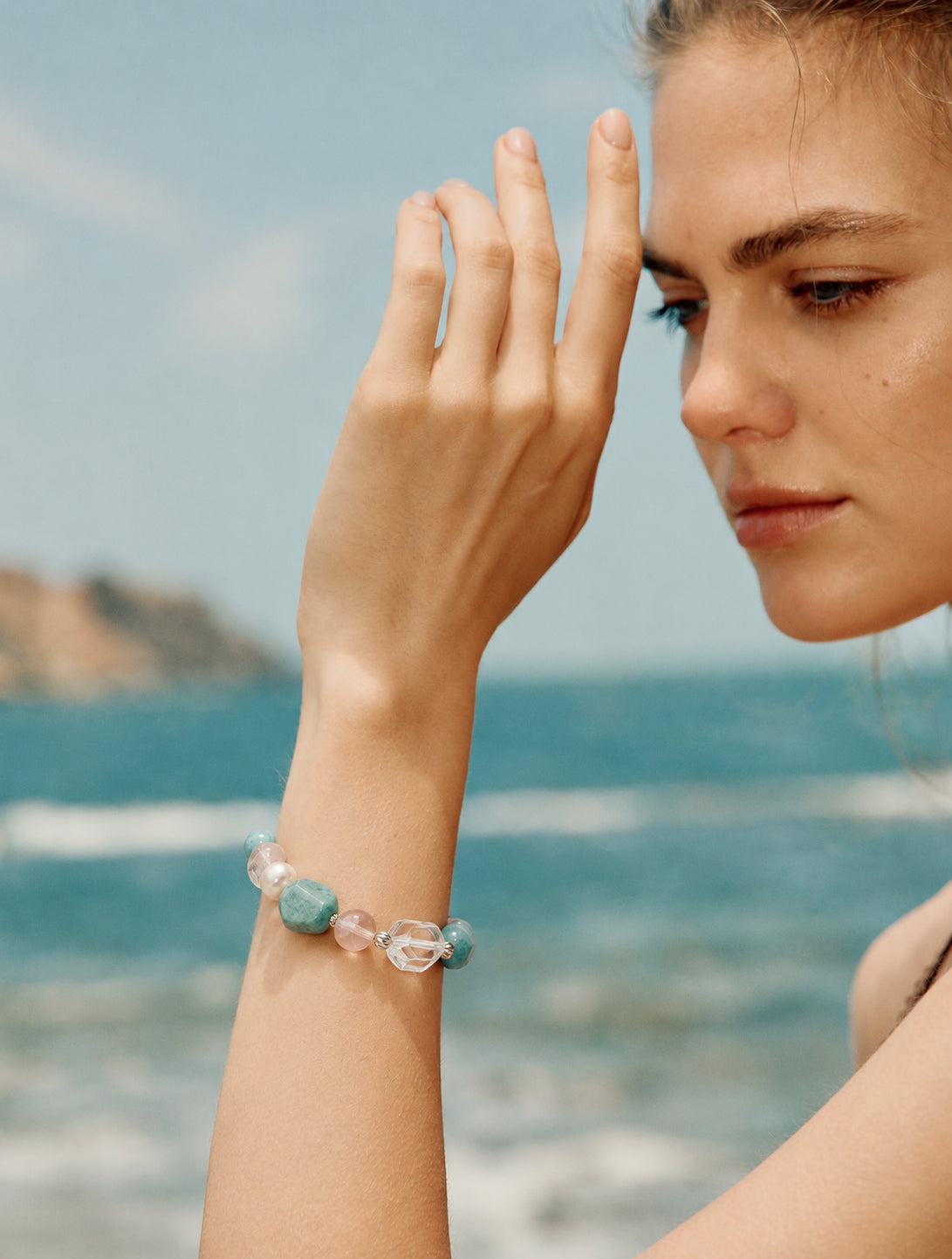 LUMERUNE Bonbon Amazonite Bracelet With Rose Quartz — amazonite, rose quartz, clear quartz and pearl