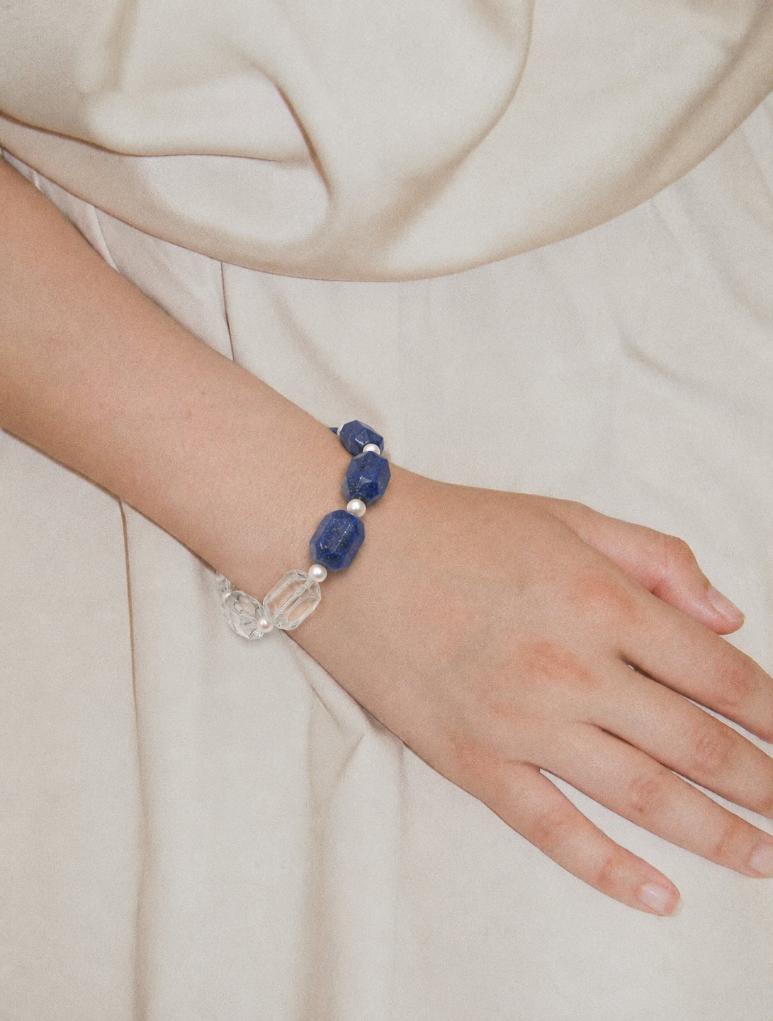 LUMERUNE Midnight Current Lapis Lazuli Bracelet With Clear Quartz — lapis lazuli, clear quartz and tiny pearls