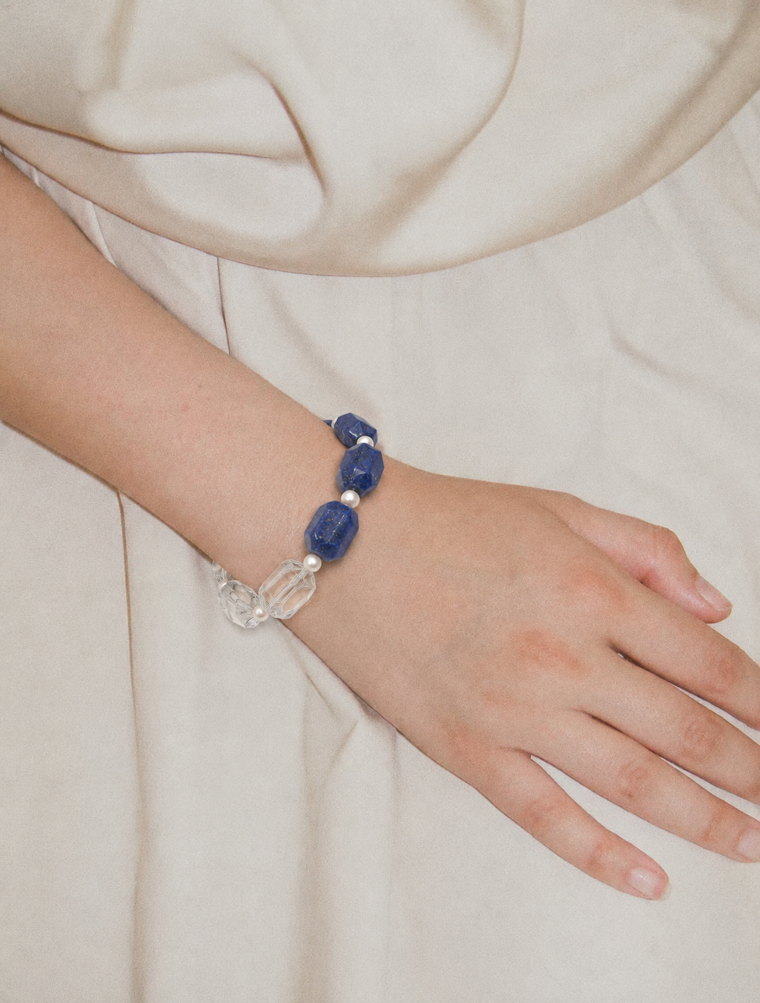 LUMERUNE Midnight Current Lapis Lazuli Bracelet With Clear Quartz — lapis lazuli, clear quartz and tiny pearls