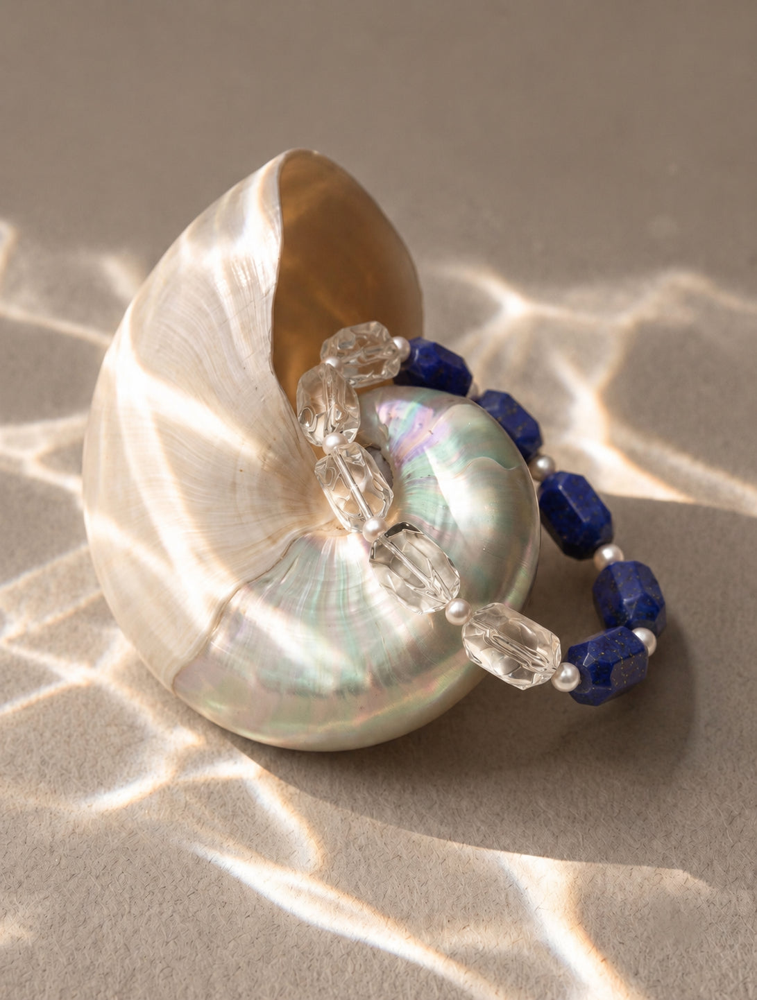 LUMERUNE Midnight Current Lapis Lazuli Bracelet With Clear Quartz — lapis lazuli, clear quartz and tiny pearls