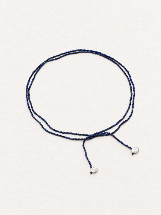 LUMERUNE Nightfall Ribbon Lapis Lazuli Necklace With Pearl — tiny lapis lazuli beads and petal accents