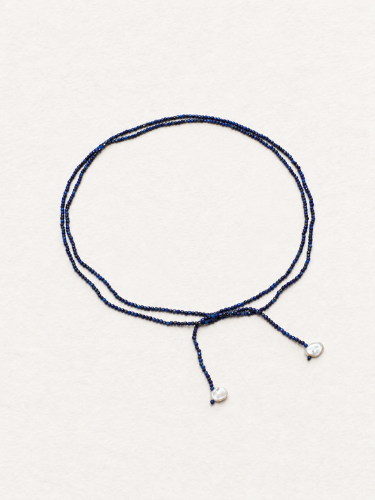 LUMERUNE Nightfall Ribbon Lapis Lazuli Necklace With Pearl — tiny lapis lazuli beads and petal accents