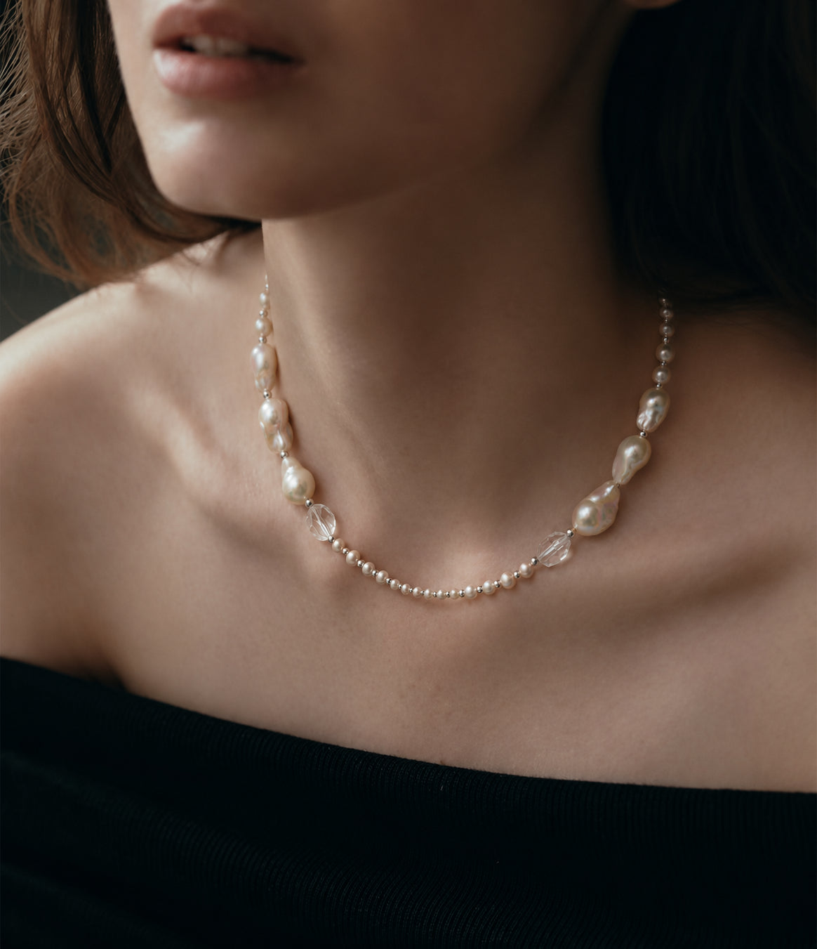 LUMERUNE Muse Mixed Pearl Necklace With Clear Quartz — baroque pearls, clear quartz, seed pearls and silver details