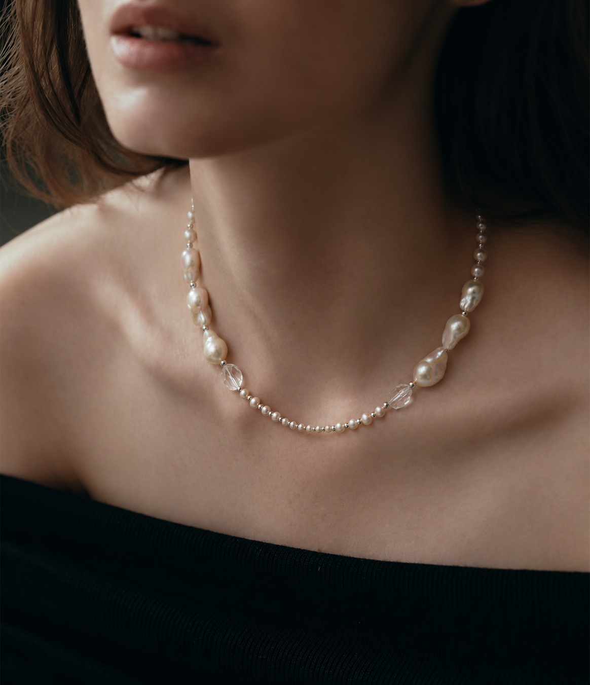 LUMERUNE Muse Mixed Pearl Necklace With Clear Quartz — baroque pearls, clear quartz, seed pearls and silver details