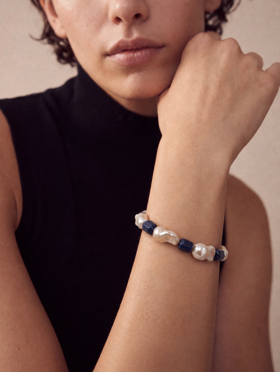 LUMERUNE Midnight Current Lapis Lazuli Bracelet With Baroque Pearl — alternating lapis lazuli and baroque pearls