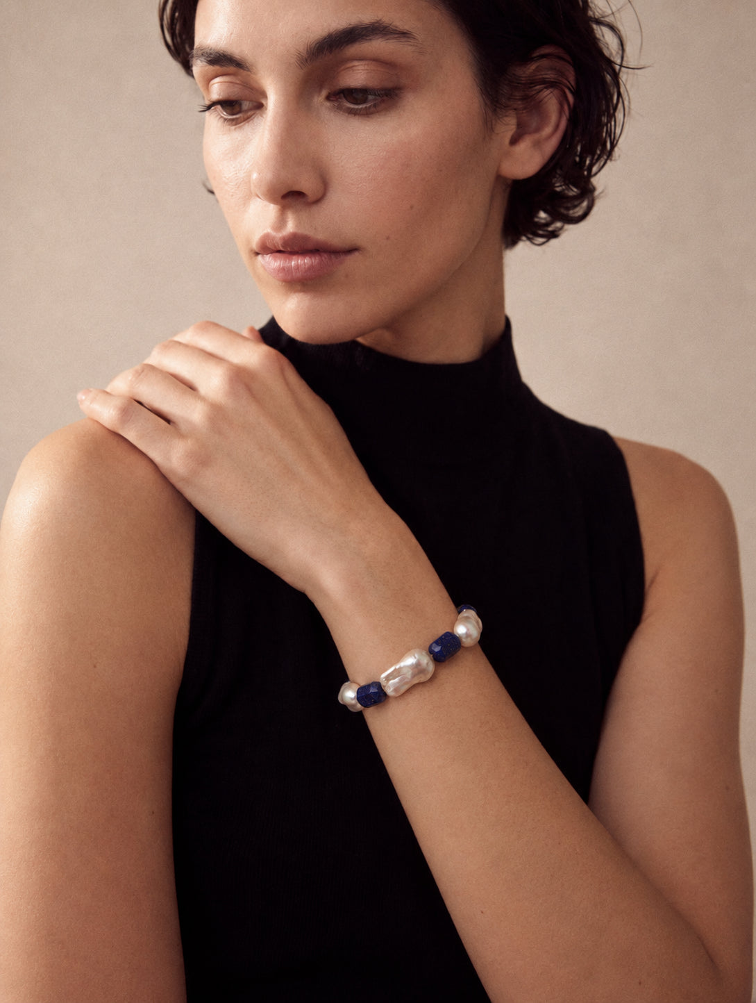 LUMERUNE Midnight Current Lapis Lazuli Bracelet With Baroque Pearl — alternating lapis lazuli and baroque pearls