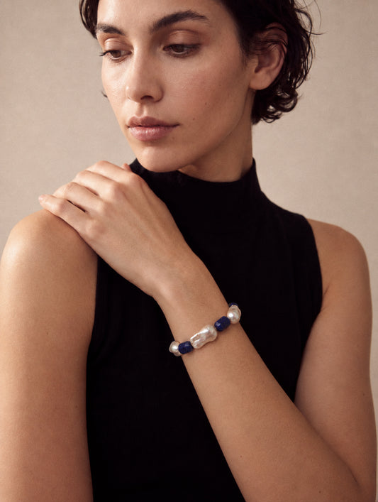 LUMERUNE Midnight Current Lapis Lazuli Bracelet With Baroque Pearl — alternating lapis lazuli and baroque pearls