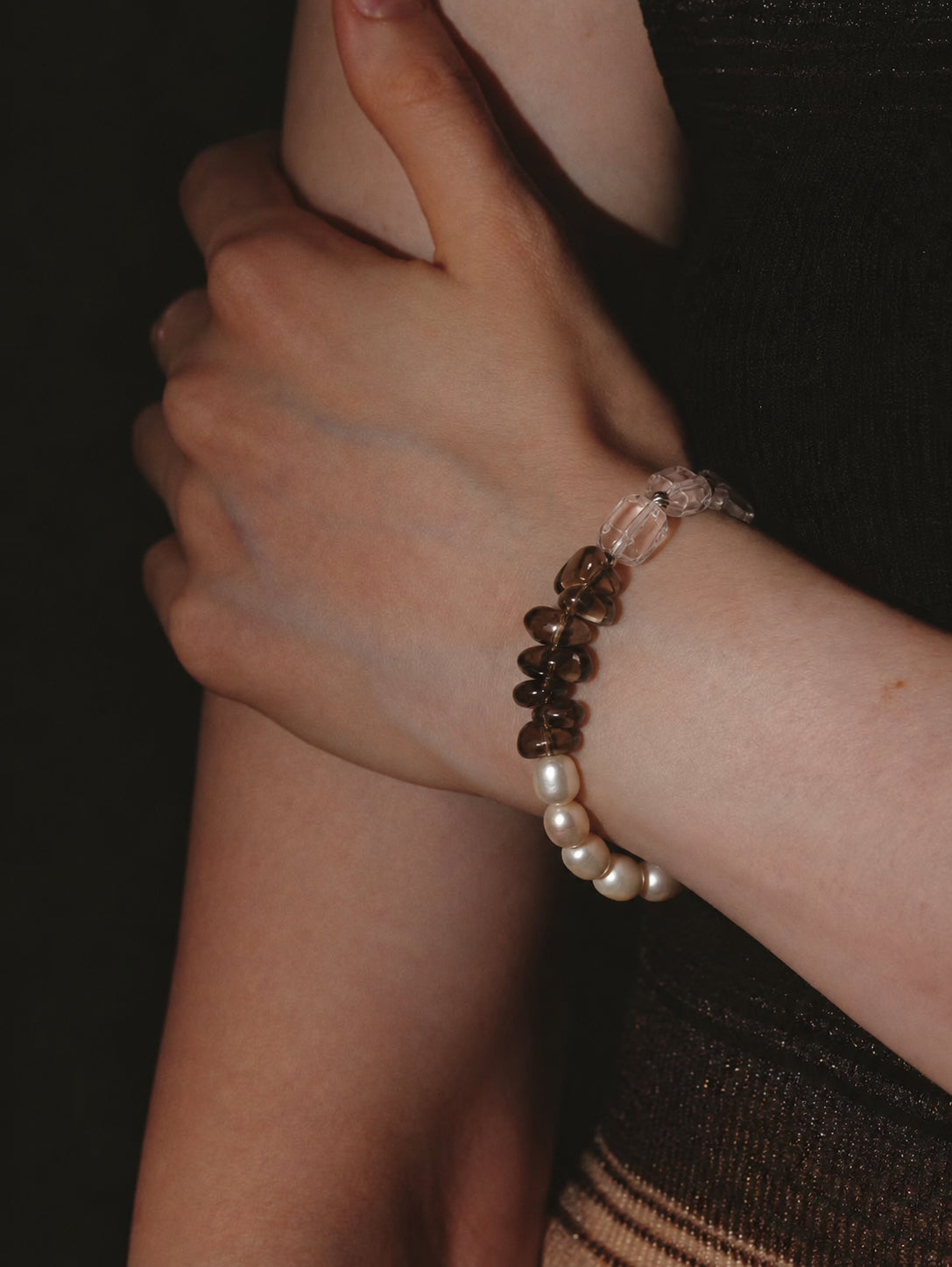 LUMERUNE Terra Clear Quartz Bracelet With Smoky Quartz and Pearl — clear quartz, smoky quartz, rice pearls and S925 silver