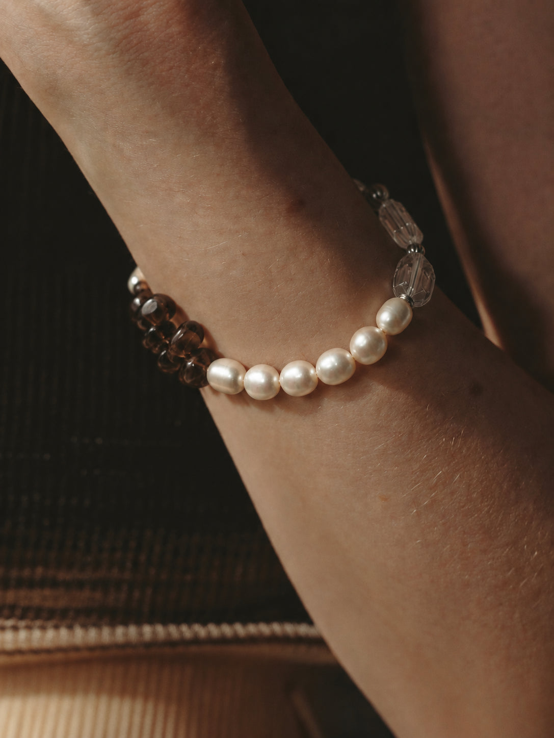 LUMERUNE Terra Clear Quartz Bracelet With Smoky Quartz and Pearl — clear quartz, smoky quartz, rice pearls and S925 silver