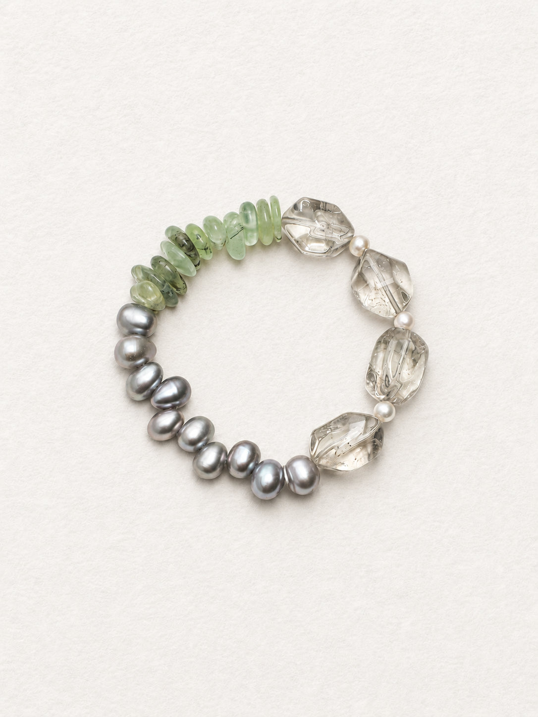 LUMERUNE Terra Green Quartz Bracelet With Prehnite and Gray Pearl — green quartz, prehnite and gray rice pearls