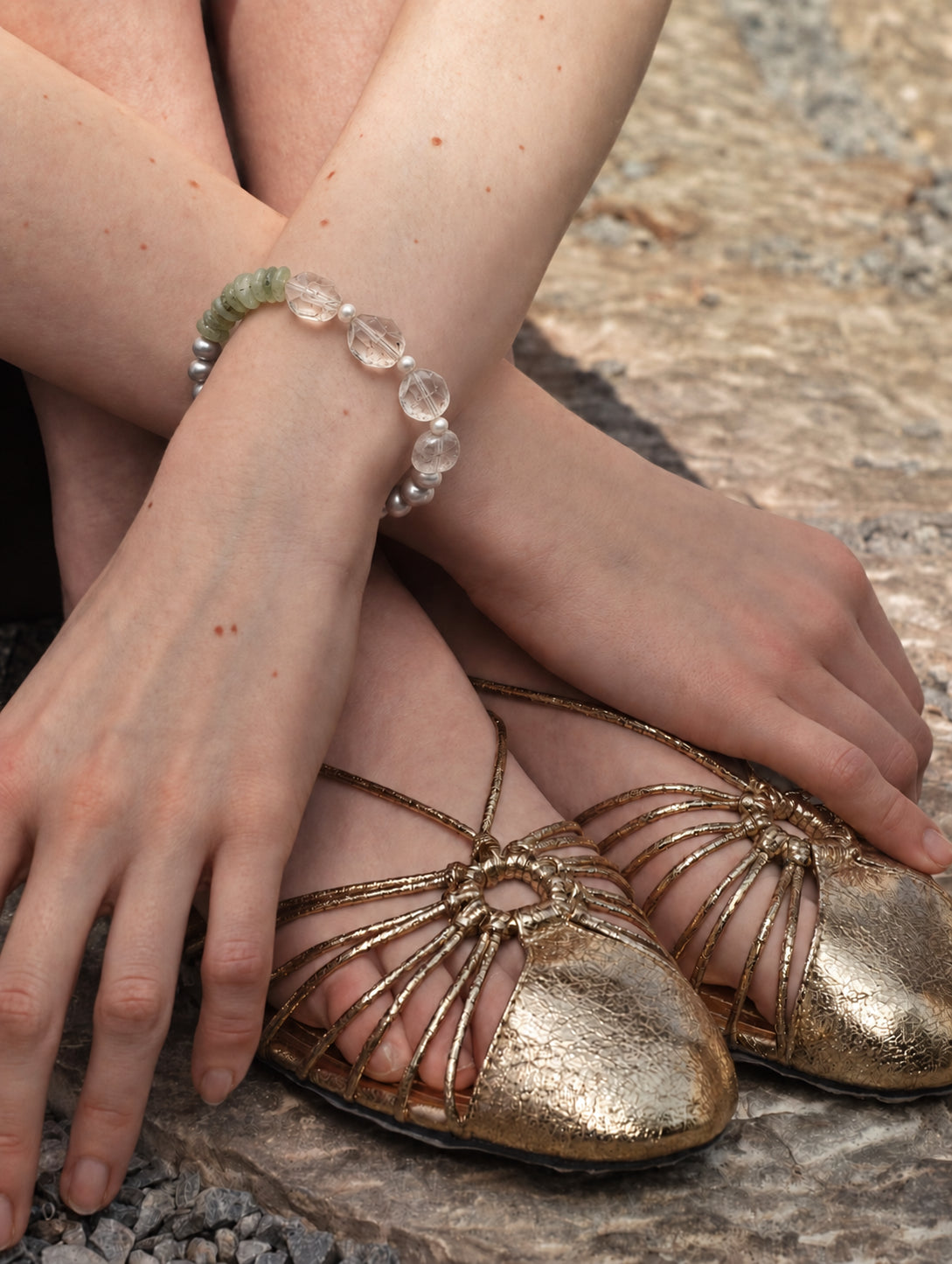 LUMERUNE Terra Green Quartz Bracelet With Prehnite and Gray Pearl — green quartz, prehnite and gray rice pearls