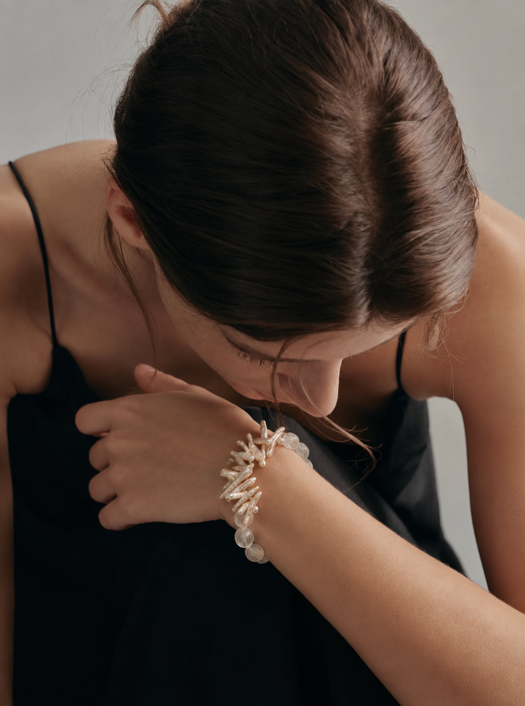 LUMERUNE Mineral Drift Clear Quartz and Stick Pearl Bracelet — clear quartz and organic stick pearls