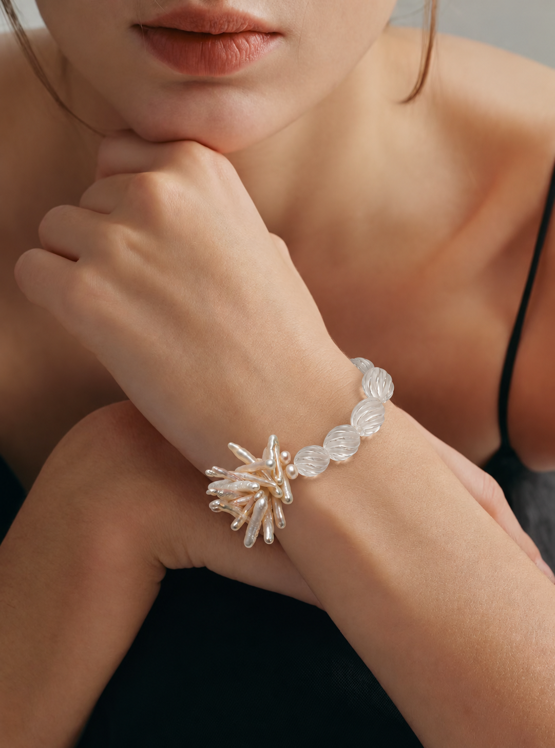 LUMERUNE Mineral Drift Clear Quartz and Stick Pearl Bracelet — clear quartz and organic stick pearls