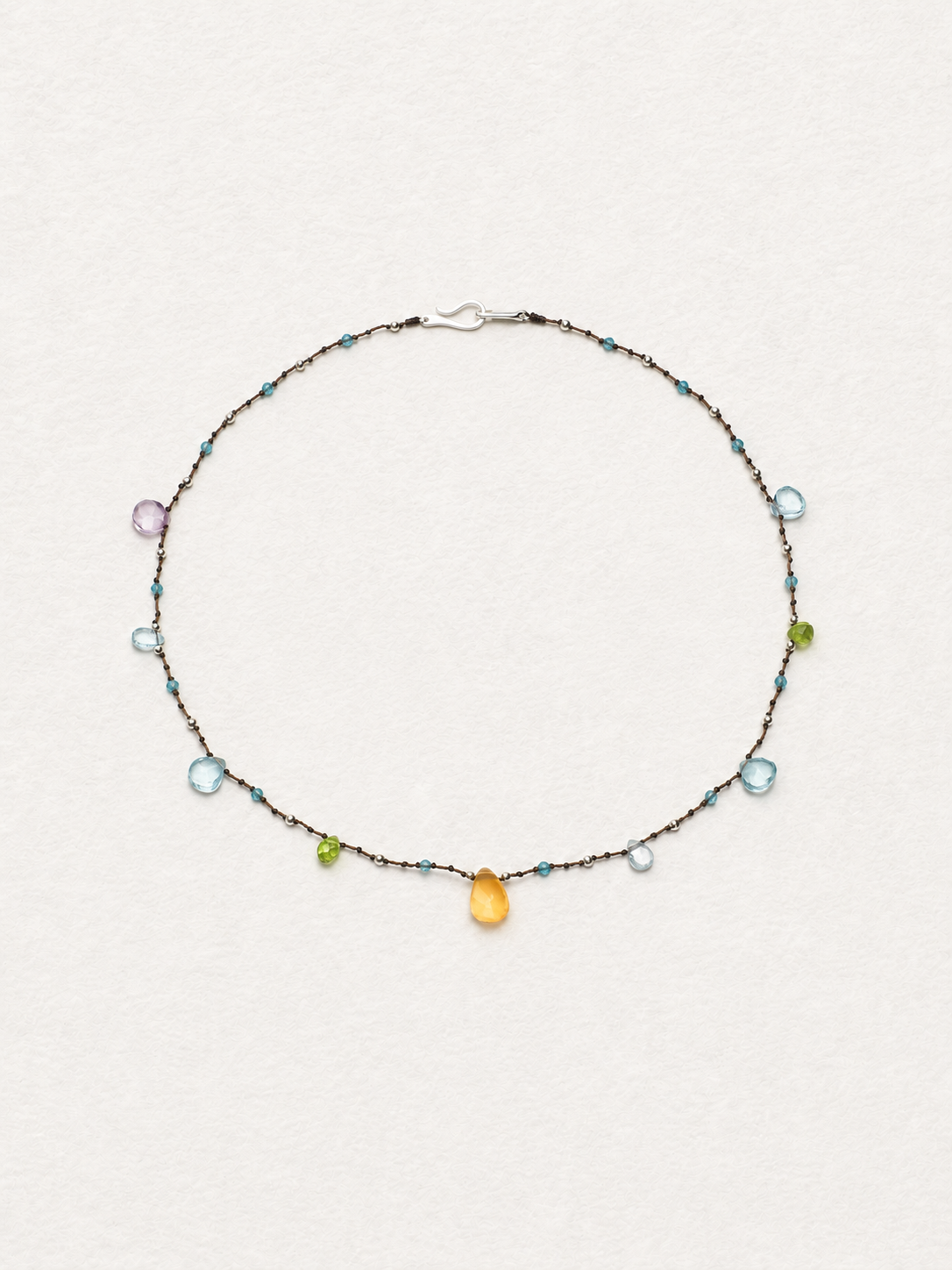 LUMERUNE Dewdrop Multi-Gemstone Drop Necklace — citrine, blue topaz, amethyst and green gemstone drops