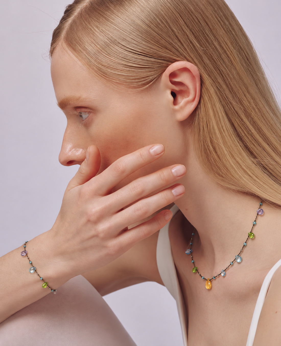 LUMERUNE Dewdrop Multi-Gemstone Drop Necklace — citrine, blue topaz, amethyst and green gemstone drops
