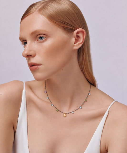 LUMERUNE Dewdrop Multi-Gemstone Drop Necklace — citrine, blue topaz, amethyst and green gemstone drops