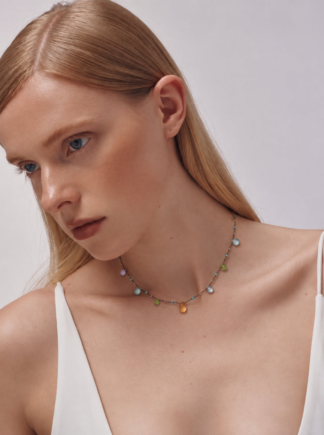 LUMERUNE Dewdrop Multi-Gemstone Drop Necklace — citrine, blue topaz, amethyst and green gemstone drops