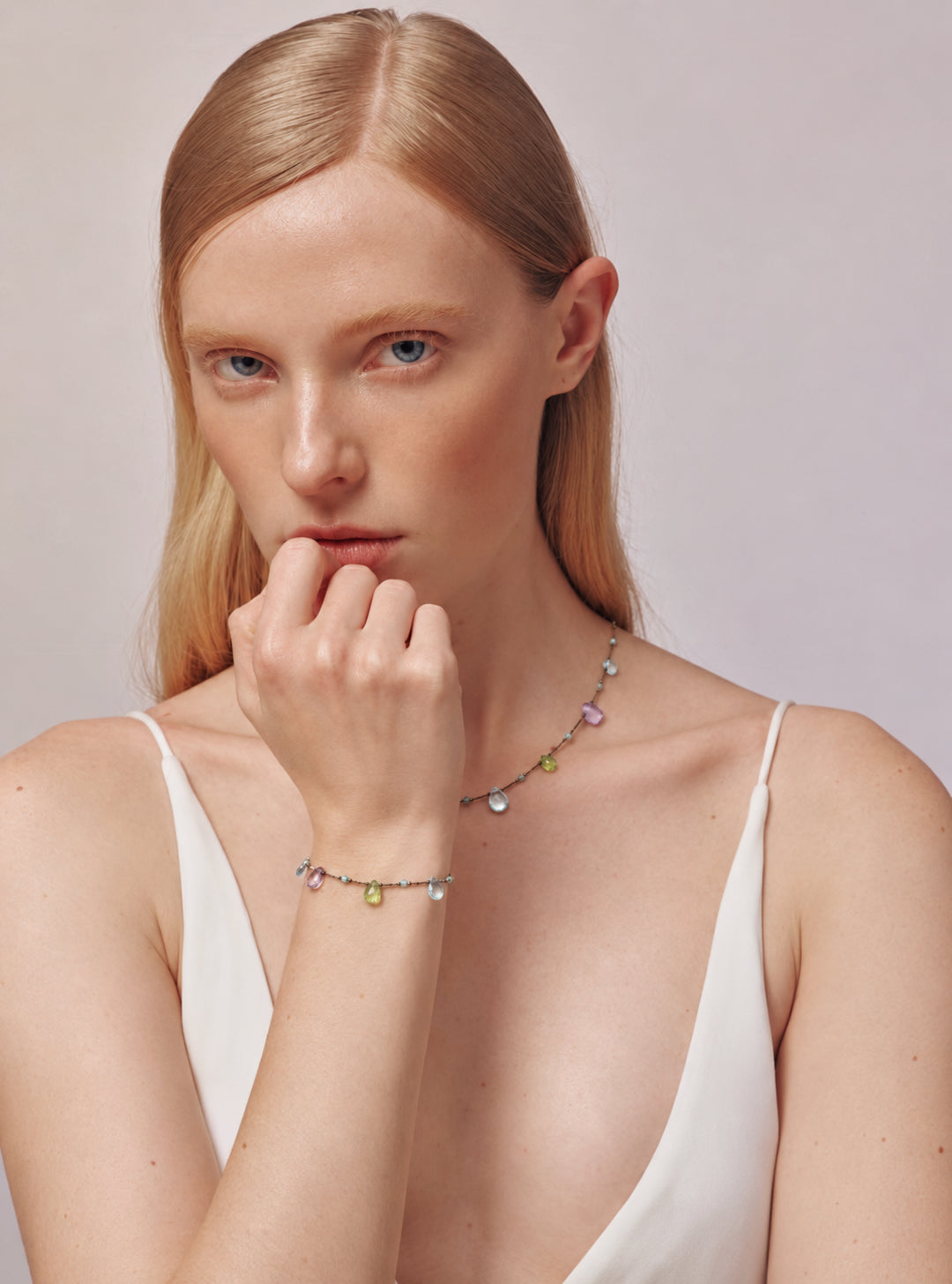 LUMERUNE Dewdrop Multi-Gemstone Drop Bracelet — blue topaz, amethyst and peridot drops