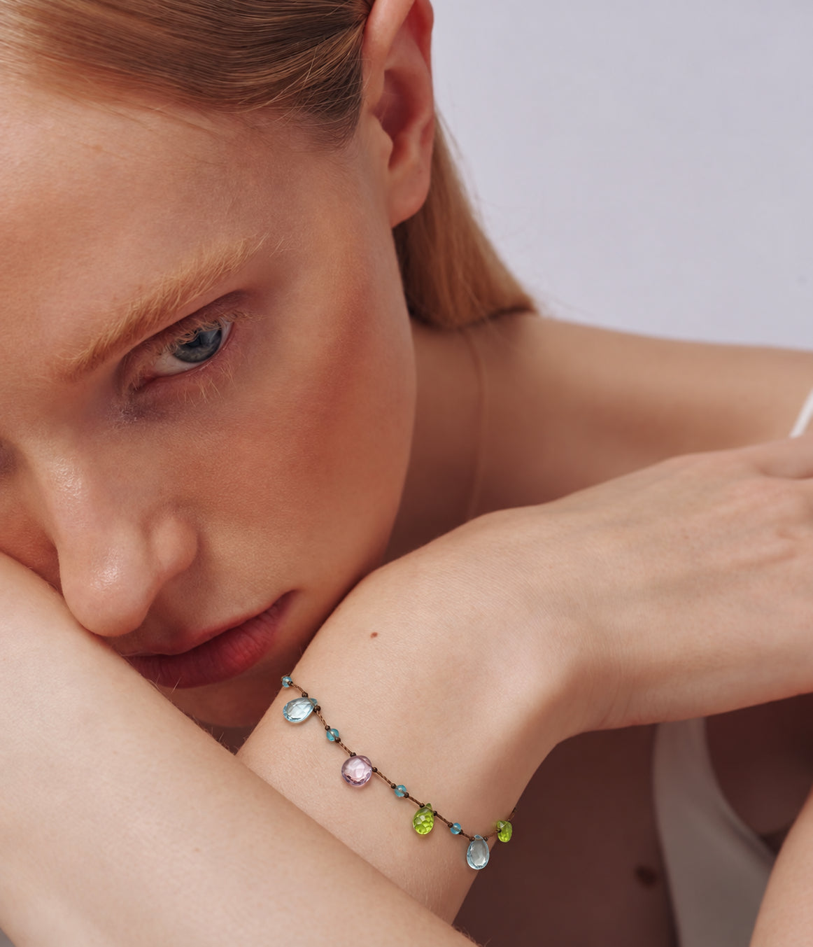 LUMERUNE Dewdrop Multi-Gemstone Drop Bracelet — blue topaz, amethyst and peridot drops