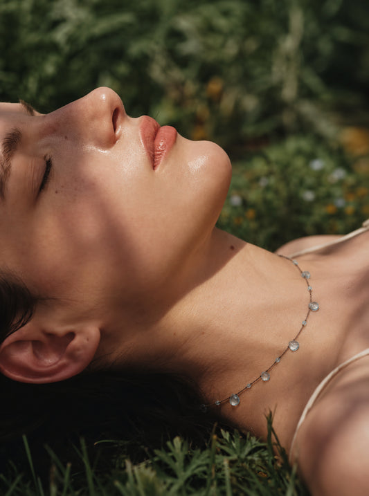LUMERUNE Dewdrop Blue Topaz Necklace — blue topaz drops on a delicate cord