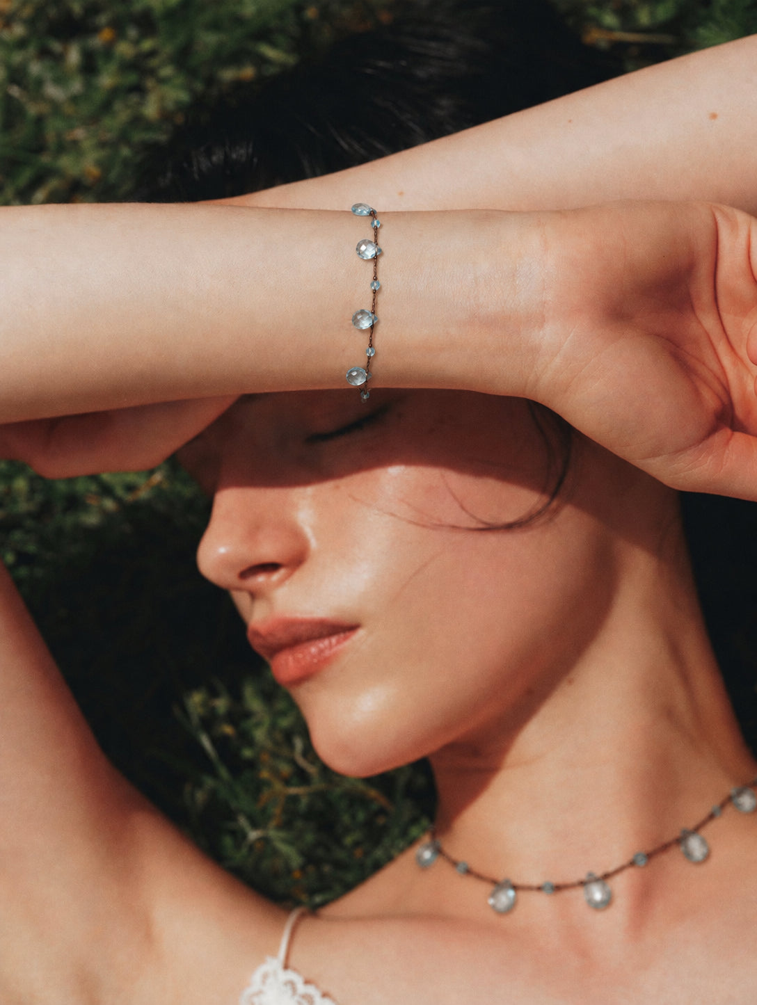 LUMERUNE Dewdrop Blue Topaz Bracelet — blue topaz, amethyst and green gemstone drops