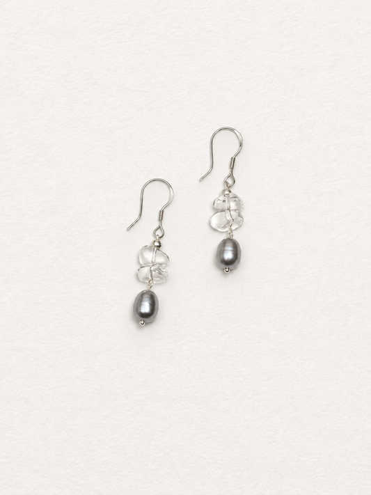 LUMERUNE Muse Gray Pearl Earrings With Clear Quartz — clear quartz and gray pearls